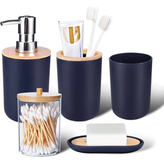 Bathroom Accessories Set 5Piece Navy Blue Bathroom Sets, Toothbrush Holder, Toothbrush Cup, Lotion Soap Dispenser, Soap Dish and Qtip Holder Bathroom Decor