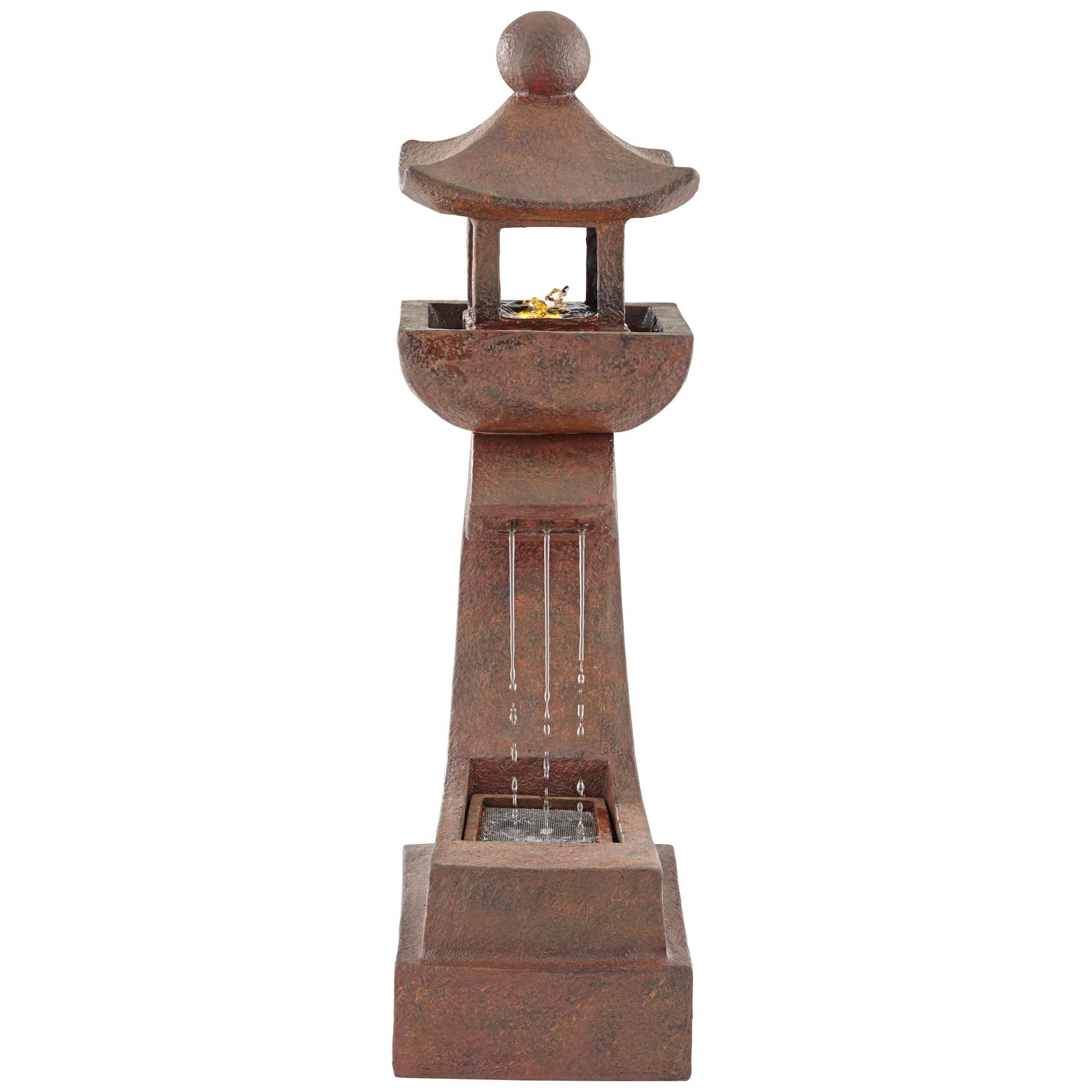 Pagoda 31" High Large Zen Japanese Indoor Outdoor Decor Rust Stone Floor Fountain with Light LED Outside