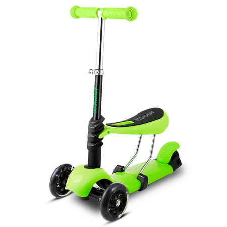 Kids 3 LED Wheels Mini Kick Scooter Children Walkers 3-in-1 Toddler Scooters with Adjustable Handle T-Bar & Seat
