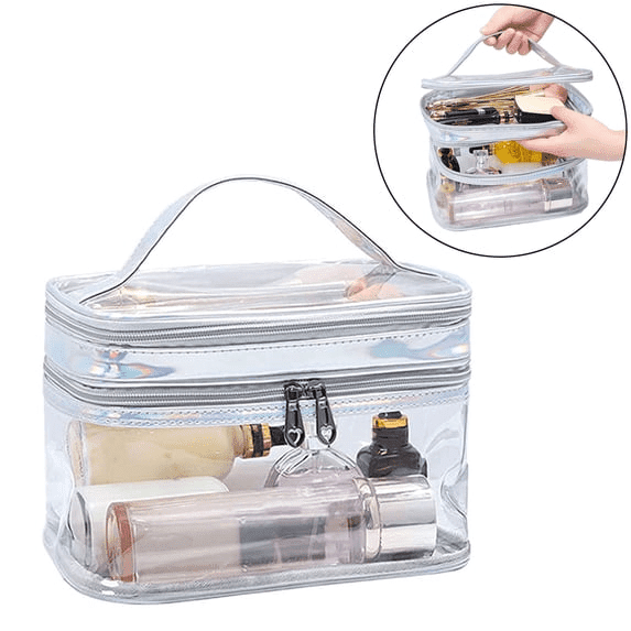 Clear Makeup Bag, Double Layer Plastic Cosmetic Bag with Zipper, Waterproof Toiletry Travel Bag Organizer, Silver