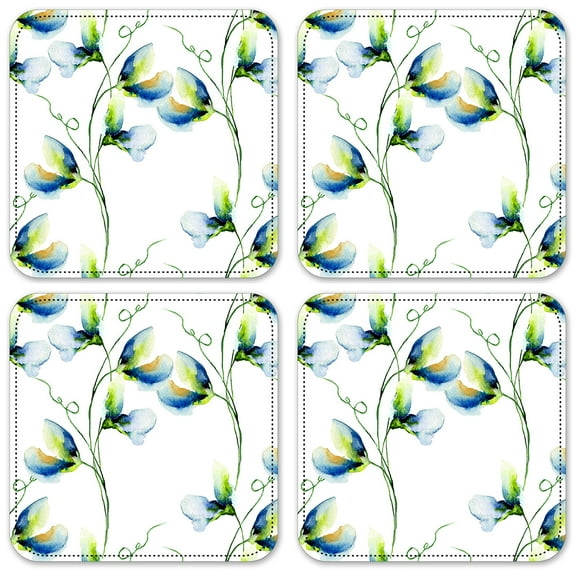 Vinyl Drink Coasters - Set of 4 - Blue & White Watercolor Flowers