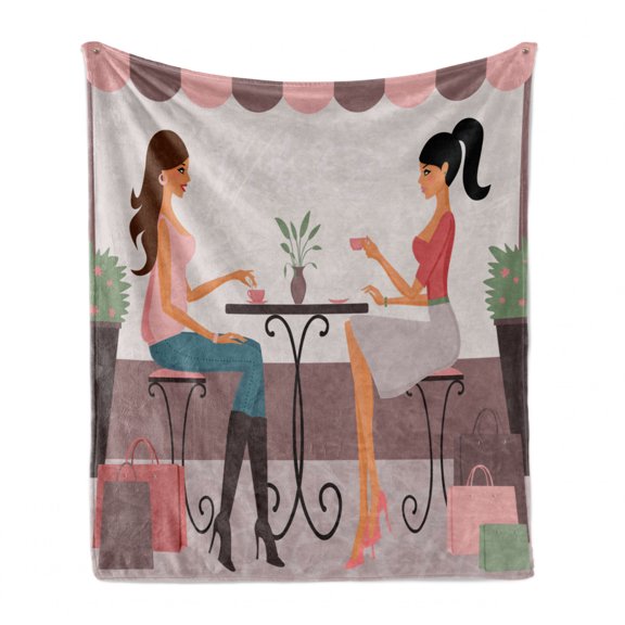 Girlfriend Soft Flannel Fleece Throw Blanket, 2 Young Woman Having Coffee and Chatting After Shopping Together Illustration, Cozy Plush for Indoor and Outdoor Use, 50" x 70", Multicolor, by Ambesonne