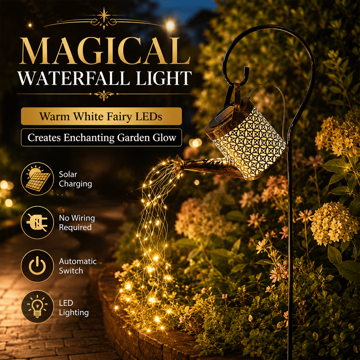 TiokMc Watering Can Light Led Solar 5 V Lanterns, Stainless Steel Warm White, Nickel Metal Hydride