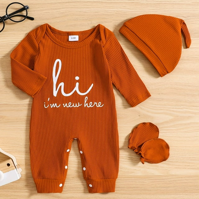 Infant Casual Outfit - "Hi I'm New Here" Long Sleeve Romper & Hat & Gloves Baby Boys And Girls 4pcs Set Clothes