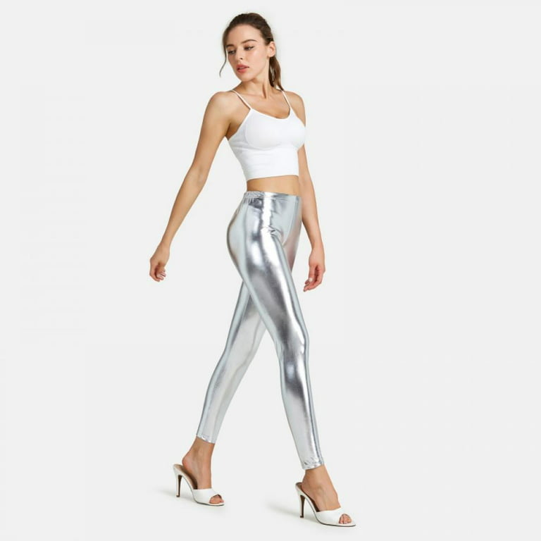 TNQ Women's Silver Shimmer Leggings Free and Plus Size (Metallic