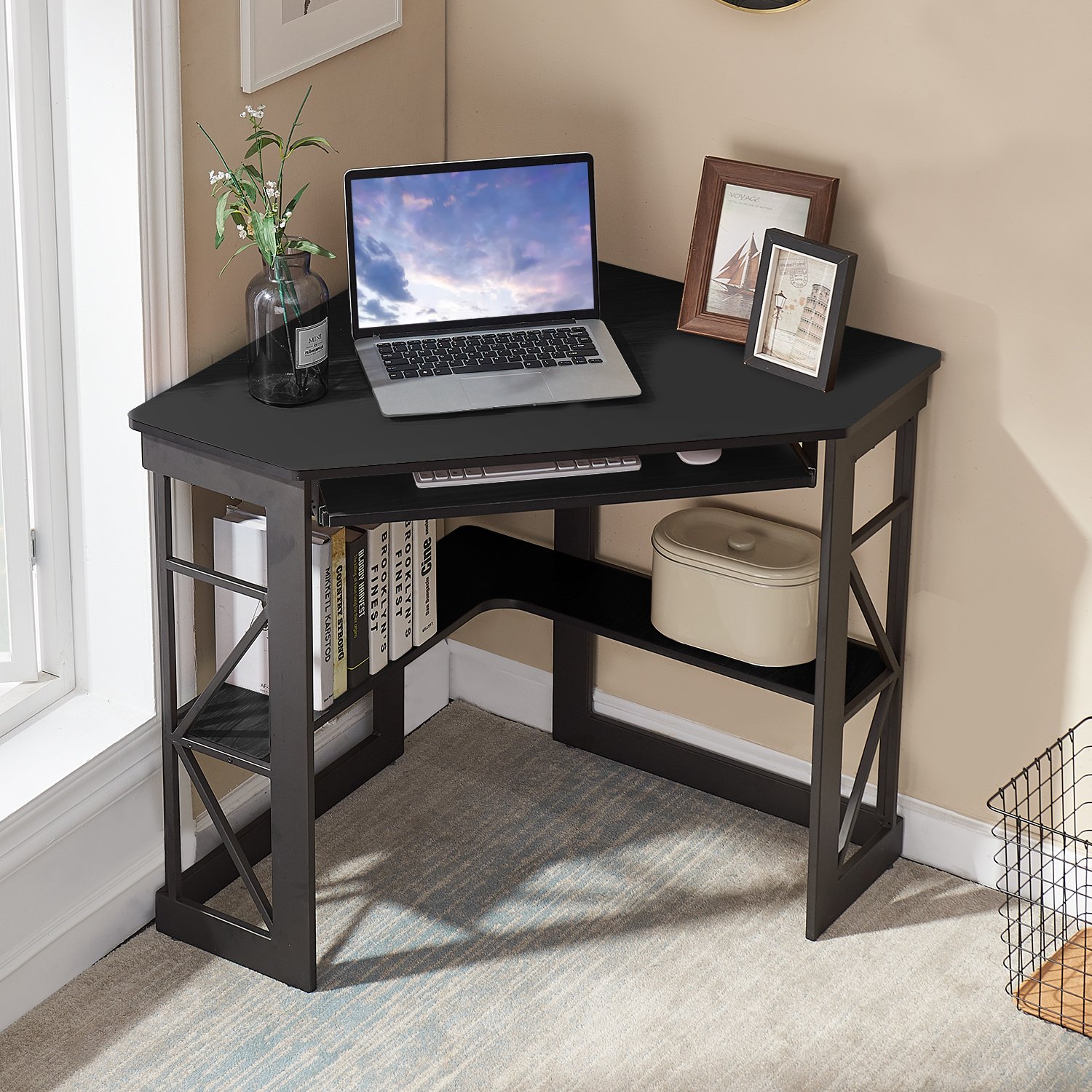 VECELO Desk with Keyboard Corner Computer Writing Shelves, Compact Home Office, Black