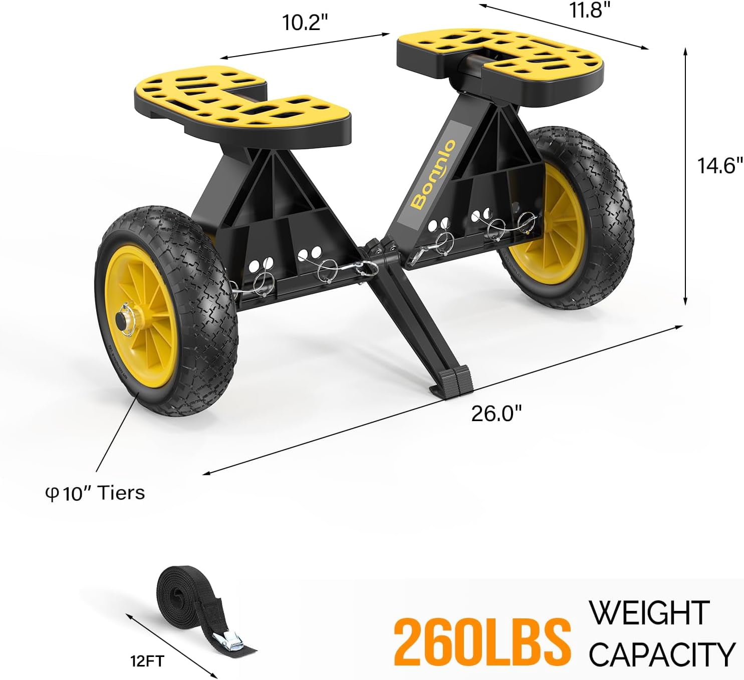 Kayak Cart with10-Inch Kayak Wheels, Canoe Trolley Cart with Adjustable Straps, No Tools Required for Easy Assembly All-Terrain for Kayaks, Canoes, Paddleboards