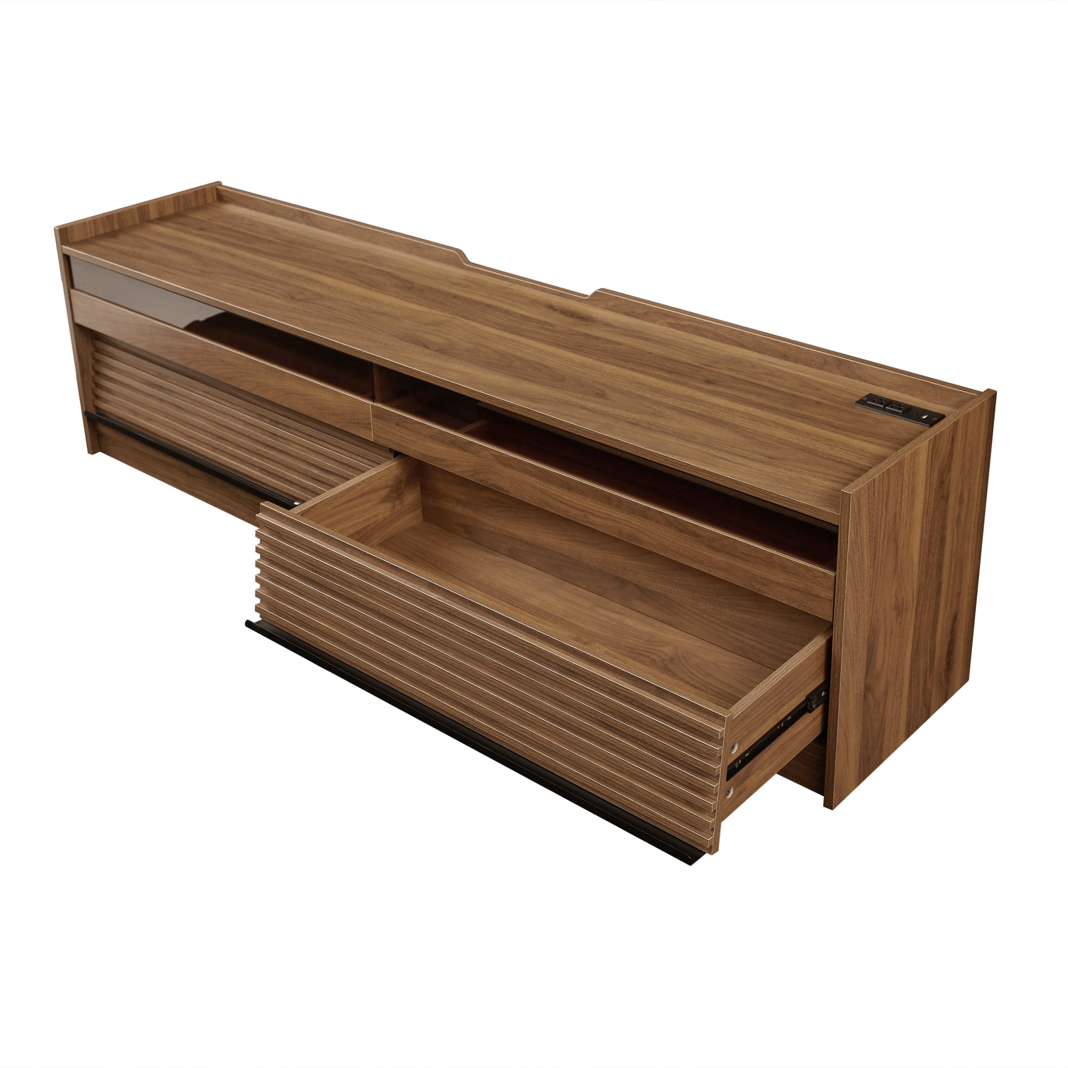 Rhett Modern TV Stand with 4 Drawers, LED Lighting, Charging Ports, Magazine Storage, Tempered Glass Front, Walnut