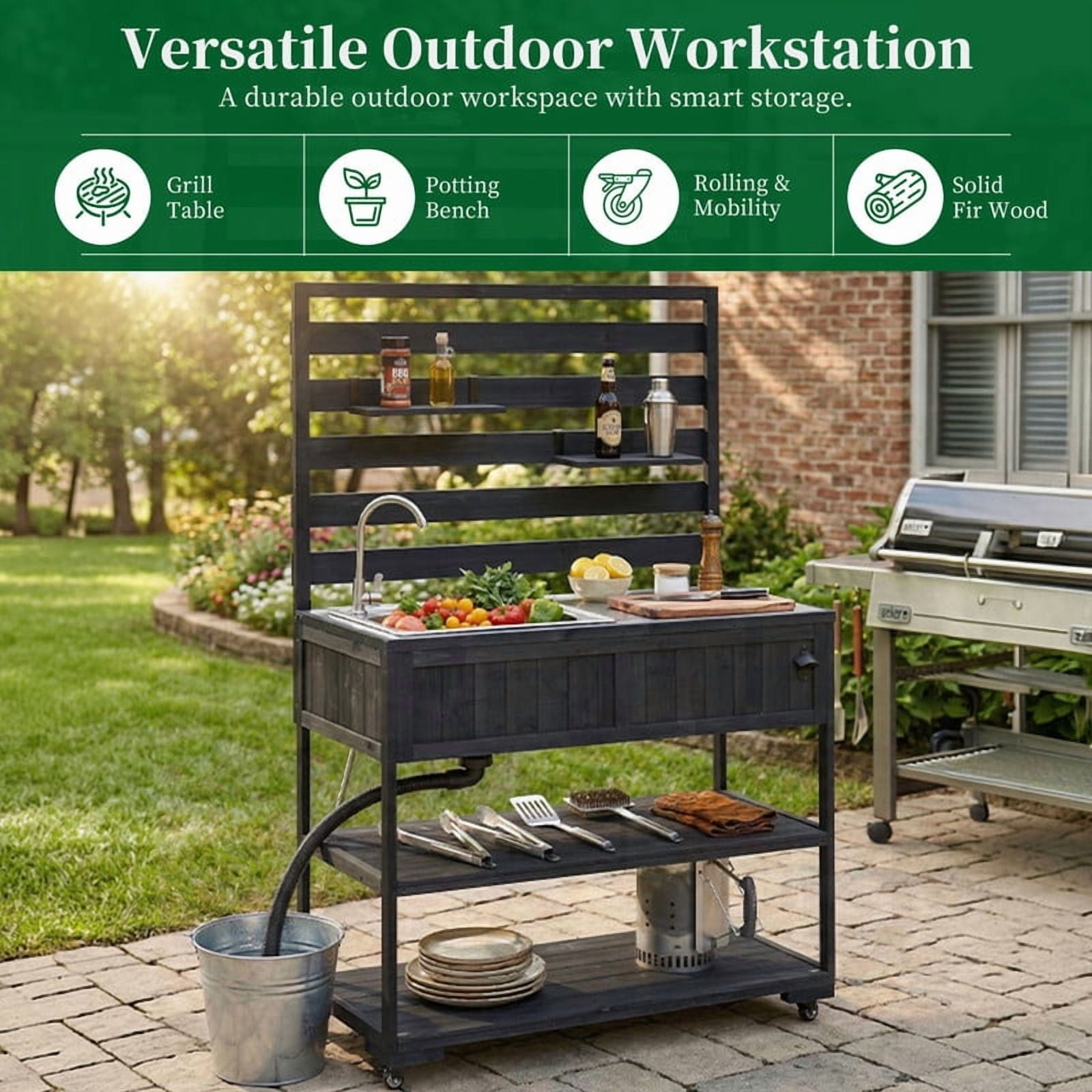 Outdoor Kitchen Storage Cart with Faucet & Sink, Rolling Kitchen Island with Bottle Opener, Garden Potting Bench with Raised Shelf