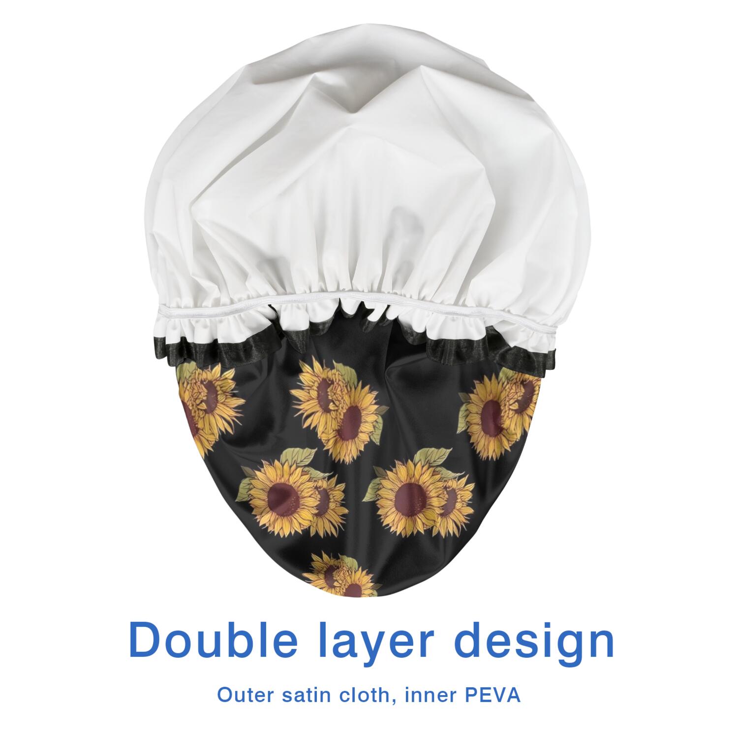 Shower Caps,Black Yellow Green Leaf Sunflower Pattern Waterproof Shower Cap for Women 4 Pieces,Double Reusable Hair Cover for Shower PEVA Elastic Stretch Hem