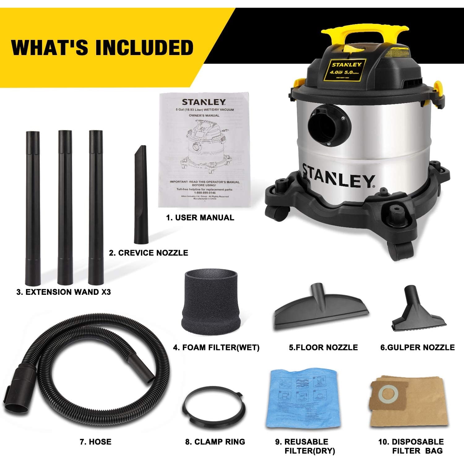 Stanley SL18115 Portable Stainless Steel 5 Gallon Wet Dry Floor Vacuum & Blower