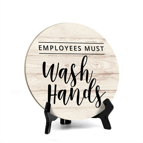 Round Employees Must Wash Hands, Light Wood Color Bathroom Table Sign with Acrylic Easel (5 x 5")
