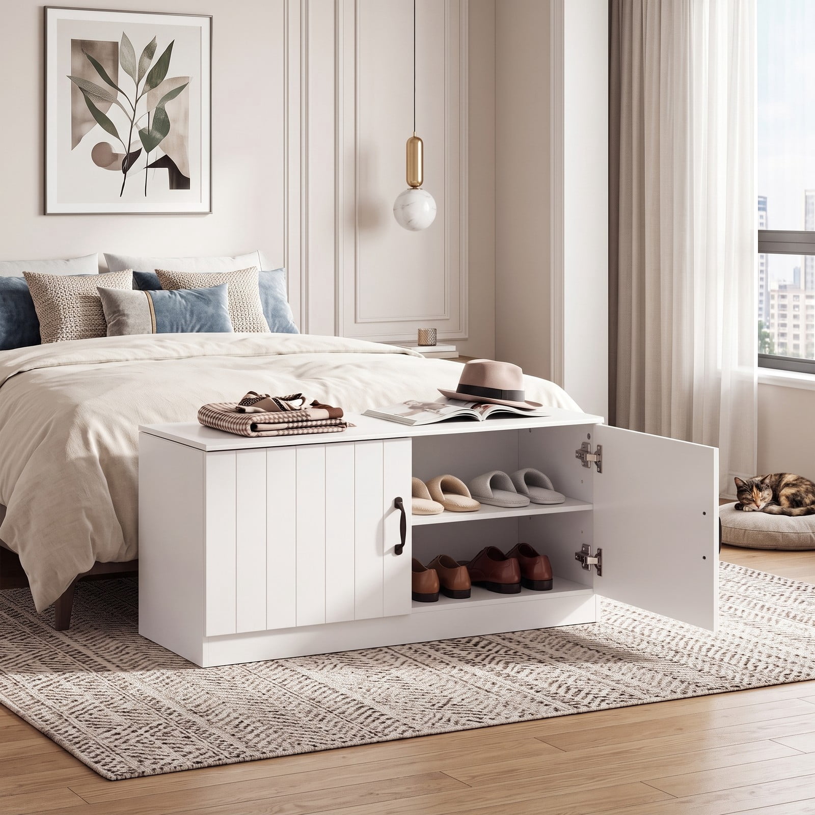 Furnibear 2-Door Shoe Bench Storage Cabinet with Adjustable Shelves and Wide Seat for Entryway Hallway and Bedroom, White
