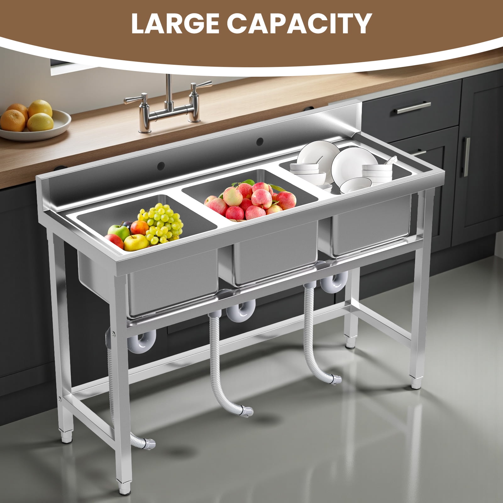 3 Compartment Utility Sink with Adjustable Legs, Heavy Duty Commercial Sink, Freestanding Utility Sink with 304 Stainless Steel for Restaurant, Food Truck