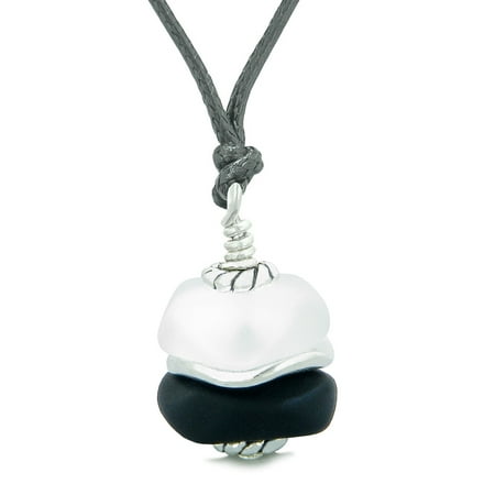 - Sea Glass Icy Frosted Waves Double Lucky Black White Positive Energy Amulet Pendant Adjustable Necklace