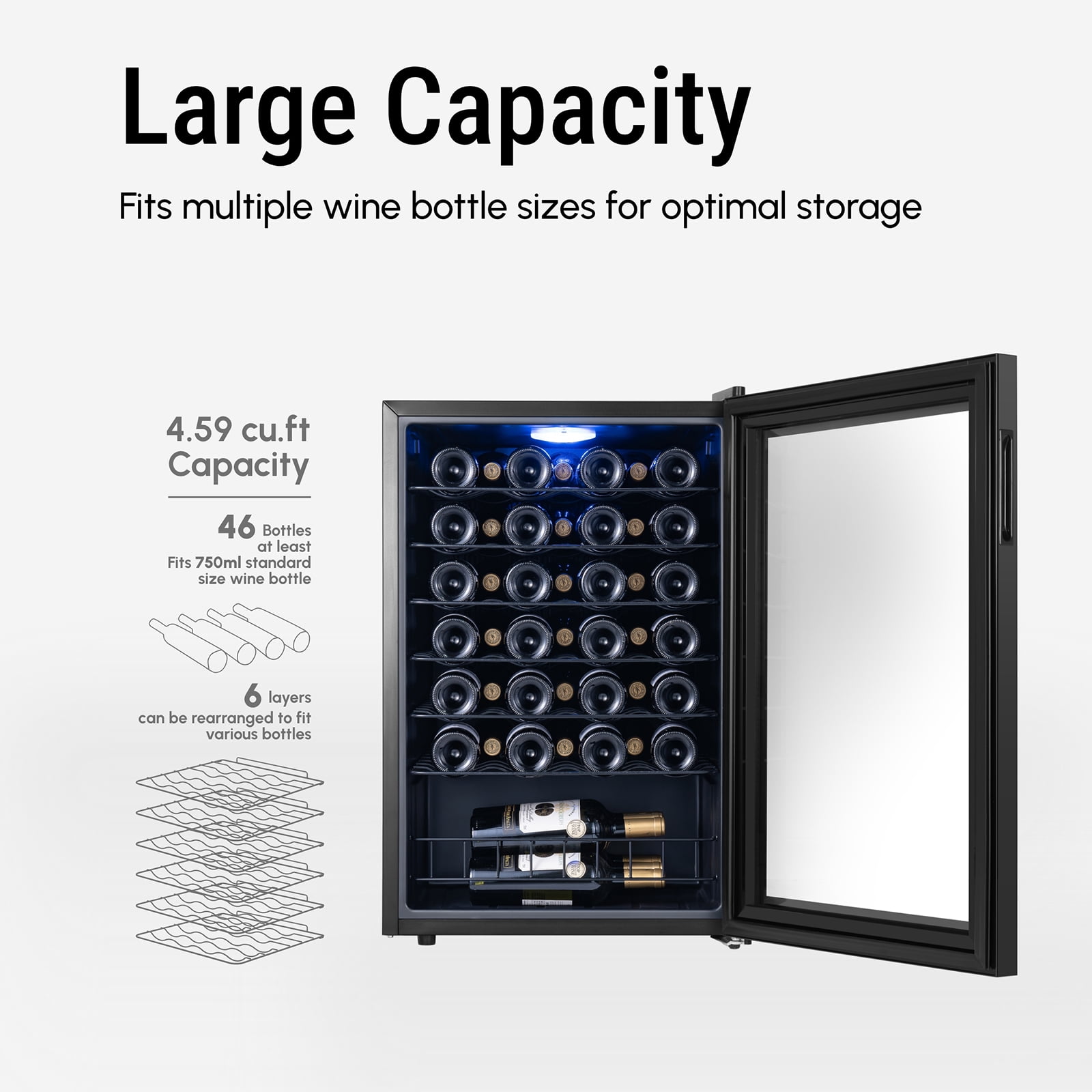 Yeego 46 Bottle Wine Cooler Refrigerator, 4.6 cu.ft. Wine Fridge with Double Glass Door for Home & Office, Black