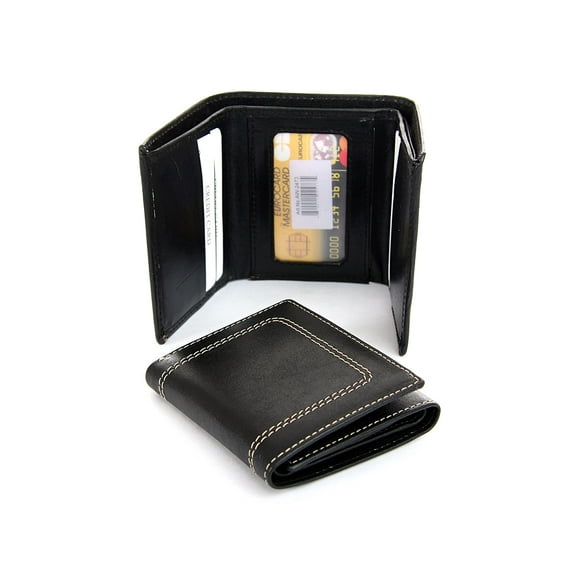 Men's Leather Trifold 4 Credit Card 1 ID Window Stitched Exterior Black Wallet 3.5 x 4 inches