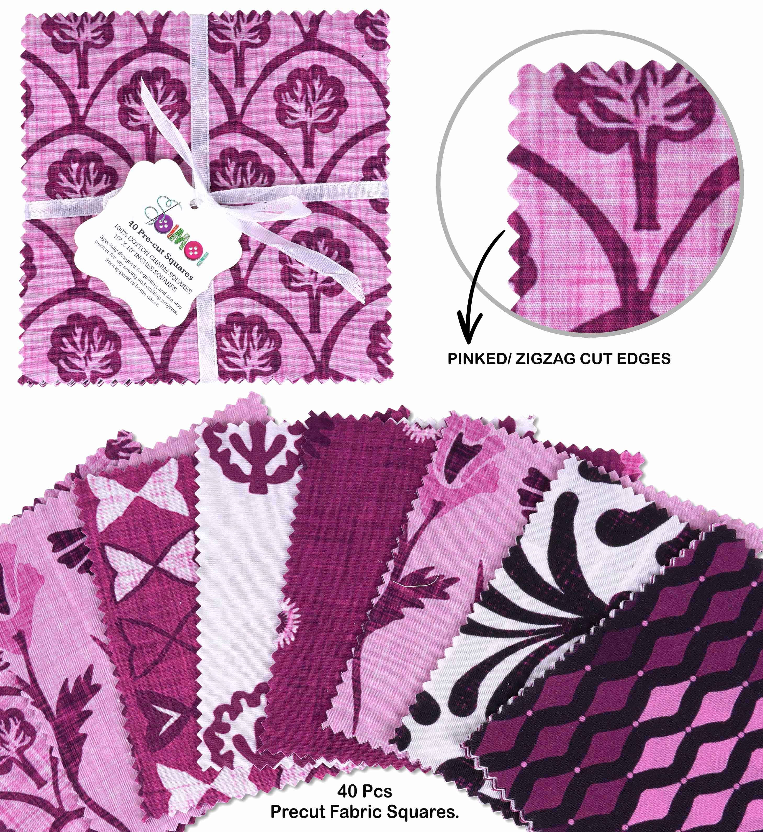 Soimoi Precut 10-inch Block Prints Cotton Fabric Bundle Quilting Squares Charm Pack DIY Patchwork Sewing Craft- Pink & White