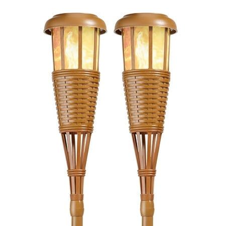 Solar Flickering LED Island Torches, Dusk-to-Dawn Dancing Flame Outdoor Landscape Lighting, Bamboo Finish, (Best Led Torch Light)