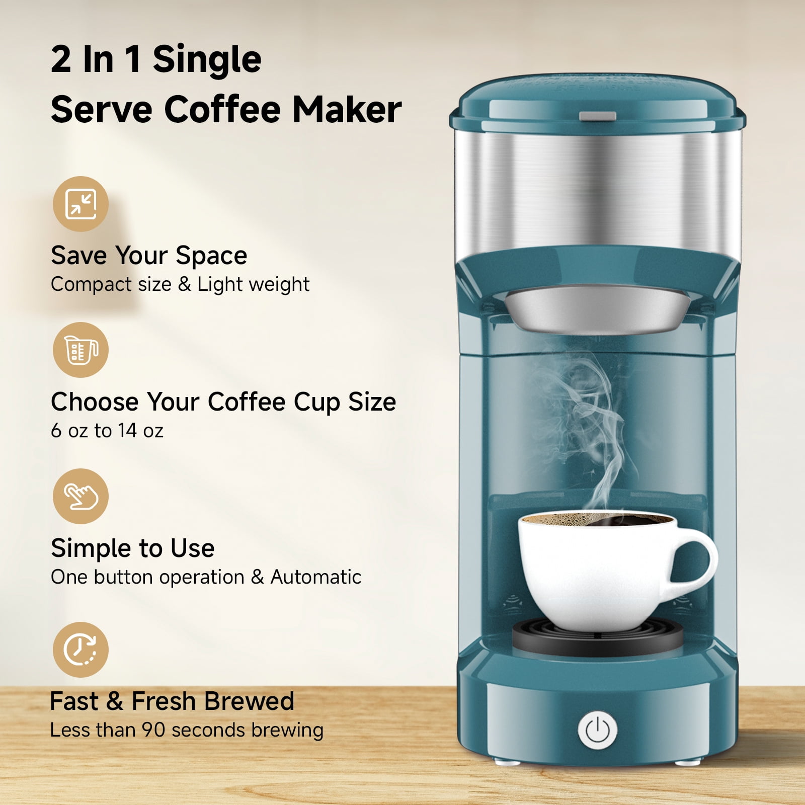 MINI Single Serve Coffee Maker,Instant Coffee Maker One Cup for K Cup & Ground Coffee,Portable Capsule Coffee Machine with 6 to 14oz Reservoir,90 Seconds Fast Brewing and One Button Operation