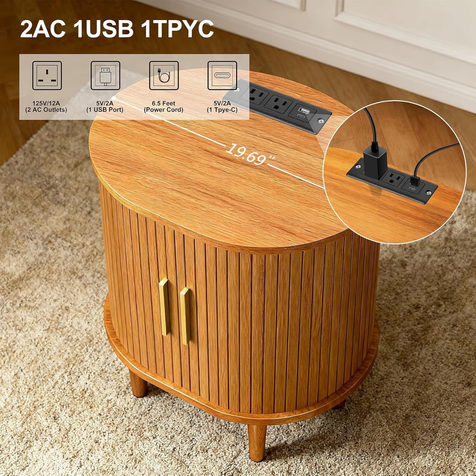 Mid Century Modern Nightstand with Charging Station, Fluted Side Table with Sliding Door & Adjustable Shelf, Yellow