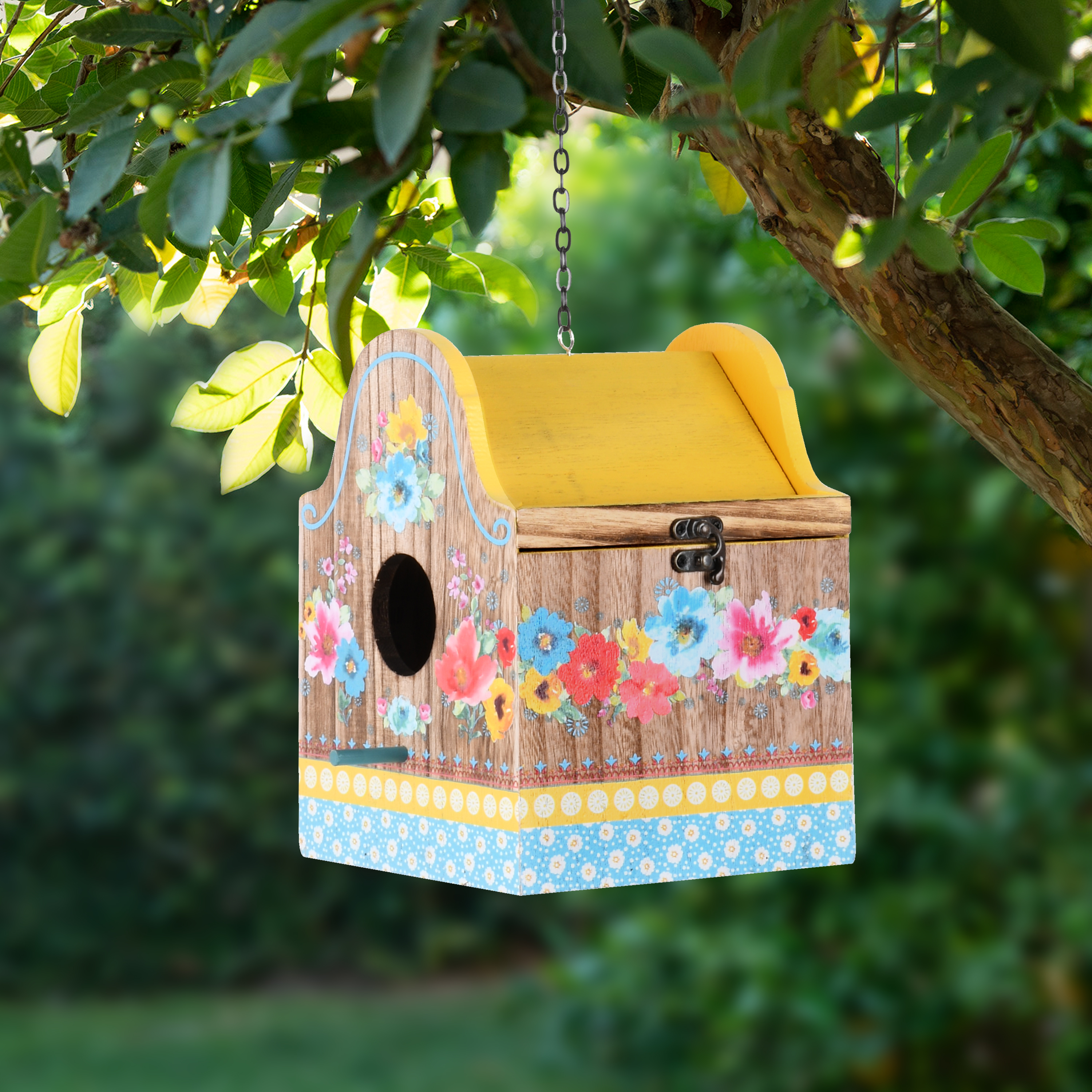The Pioneer Woman Breezy Blossom Yellow Wood Birdhouse with Removable Roof, 6.3" x 7.2" x 8"