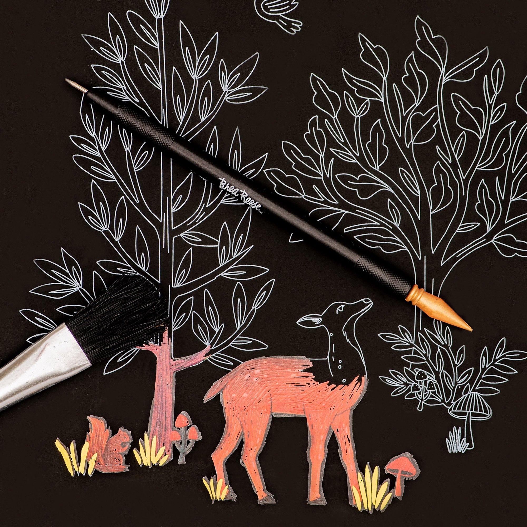 Brea Reese: Scratch Art Paper Pad - Woodland - 12 Sheets, 6 Guided Nature Designs, Metallic Accents, Dual-Tip Stylus & Brush, 8x8" Pages, Adult Craft