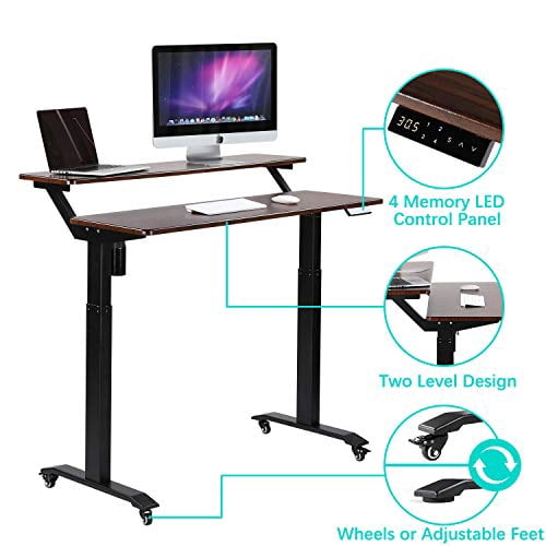 UNICOO® 2 Tier Electric Height Adjustable Standing Desk with Wheels, Electric Mobile Standing Workstation, Sit Stand Desk Home Office Desk Whole-Piece Desk Board 48 * 24 in (KT1002-MB) 2Tier