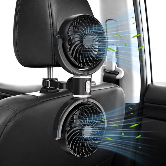 JahyElec Dual Head USB Car Seat Fan,270° Rotatable 3 Speeds Air Circulation Fans with Adjustable Clip Suitable for Rear Seat Passenger and Pets for SUV RV Vehicles