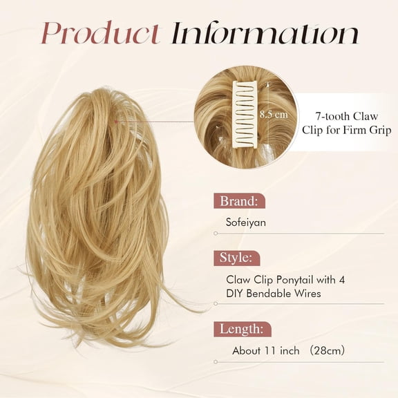 WEIF-Claw Clip Hair Buns Hair Piece DIY Bendable Wires Short Ponytail Extension Fluffy Fake Hair Piece Straight Synthetic Hair Ponytail Extensions for Wonen - Golden Blonde with Highlights