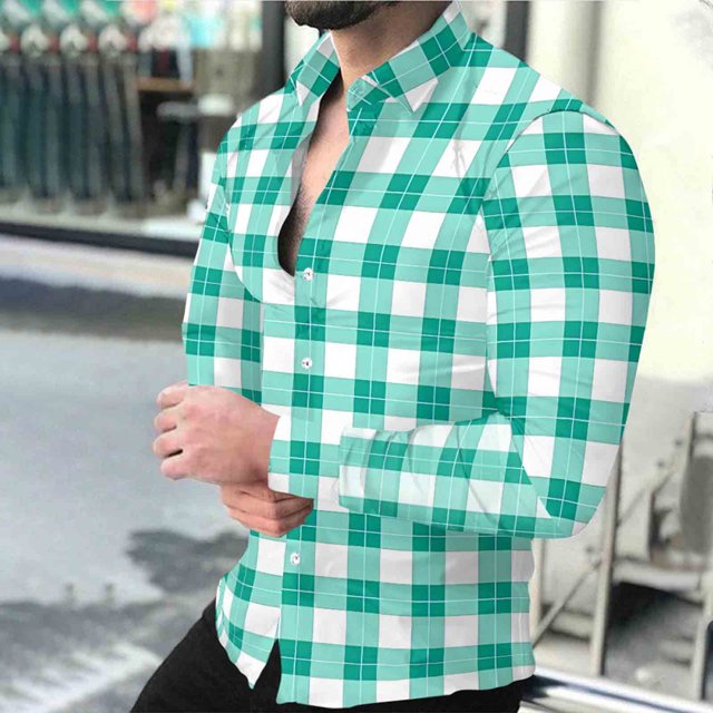 Timdgard Button down Shirts for Men Fall Plaid Lapel V Neck Long Sleeve Shirts Work Casual Tops