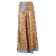 Mogul Women Silk Maxi Skirts Vintage Orange Smocked Waist Divided Skirt