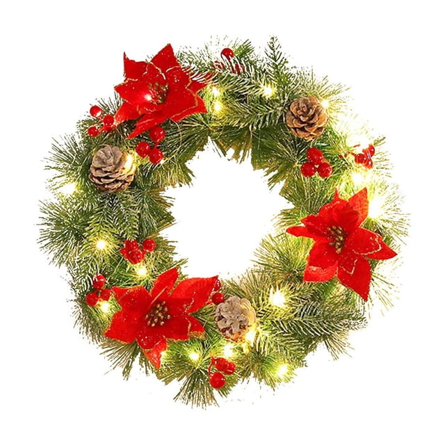 Couronne de Fleurs de Noël pour Porte, Décoration Intérieure Extérieure d'Hiver, Fleurs Rouges Pommes de Pin, Style Festif, Entrée de Maison, Dispositif de Frappe, Ornements de Vacances HAODEJW / Plastique