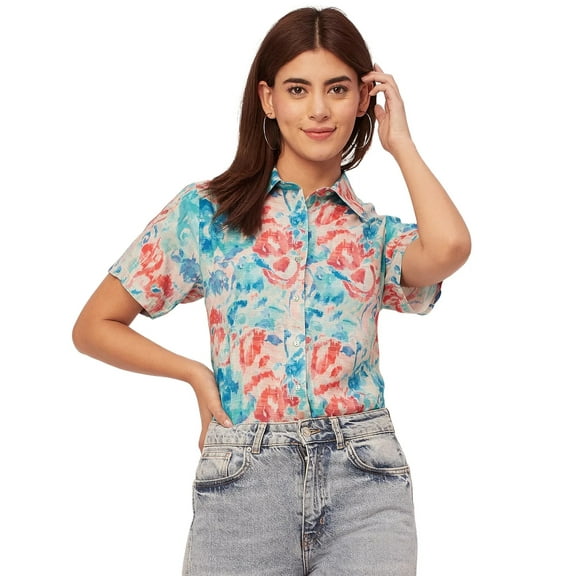 Moomaya Short Sleeve Shirt Collar Printed Rayon Shirt - Women's Casual Shirt