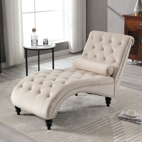 Muumblus Upholstered Chaise Lounge Indoor, Tufted Velvet Accent Chair with Wood Legs, Beige