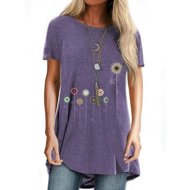 DYMADE Femmes Col Rond Floral Manches Courtes Solide Blouse Décontractée Top