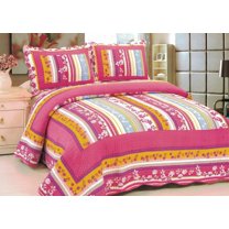 G&J Blooming Garden Cotton 3PC Hot Pink Floral Patchwork Quilt Set (Full/Queen)