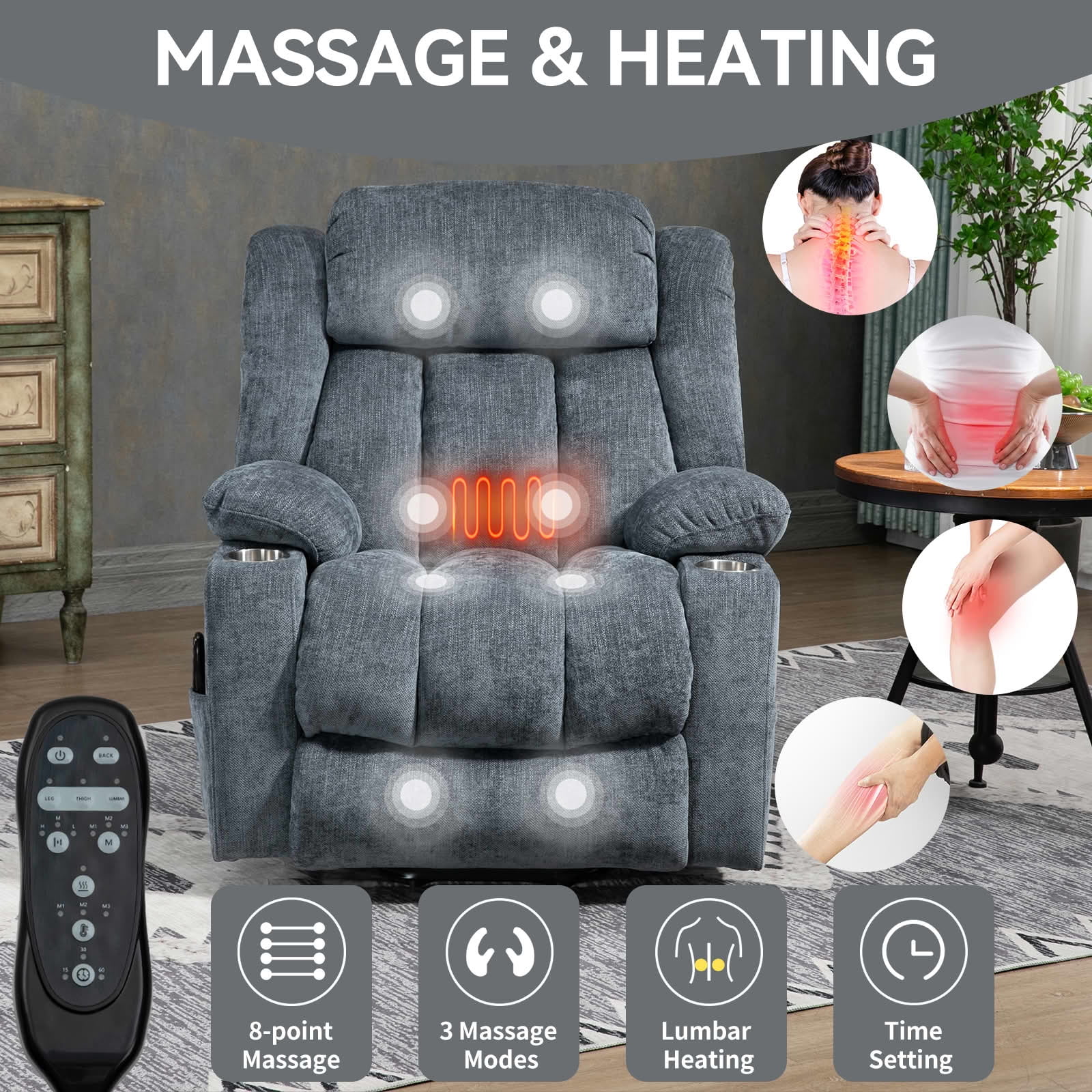 MAYEERTY Brown 350lbs Power Lift Recliner Chair, 8-Point Massage Heat USB Cup Holders 40"x36"x45" for Elderly