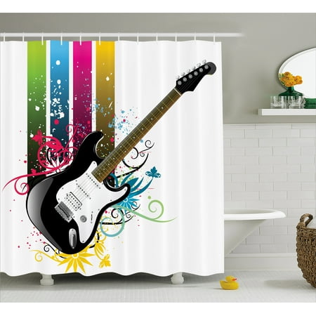 Guitar Shower Curtain, Bass Guitar on Colorful Vertical Stripes with Floral Natural Artistic Ornaments, Fabric Bathroom Set with Hooks, 69W X 84L Inches Extra Long, Multicolor, by