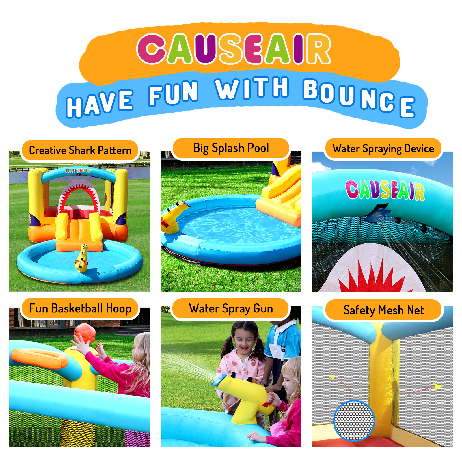 Causeair Inflatable Bounce House with Ball Pit, Wet and Dry Use, Basketball Hoop, Water Slide
