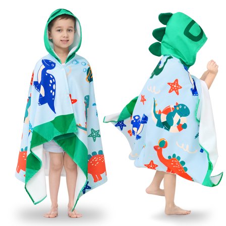 JISEN Kids Beach Towels-Hooded Towels for Kids,30" x 50" for 3-10 Years,Beach, Pool Ponchos for Kids with Hood,Boys Beach Towel,Green Dinosaur