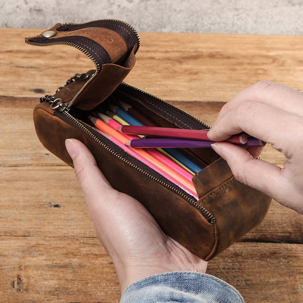 Leather Pen Pencil Case, Zip Pouch, Zippered Pen Case for Work & Office Stationery Storage Box