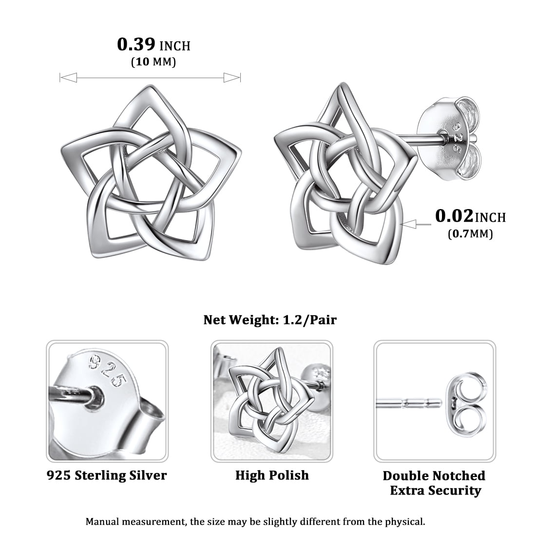 ChicSilver 925 Sterling Silver Stud Earrings Pentagram Earrings Knot Earrings for Women Small Stud Earring Tiny Delicate Star Studs Earring