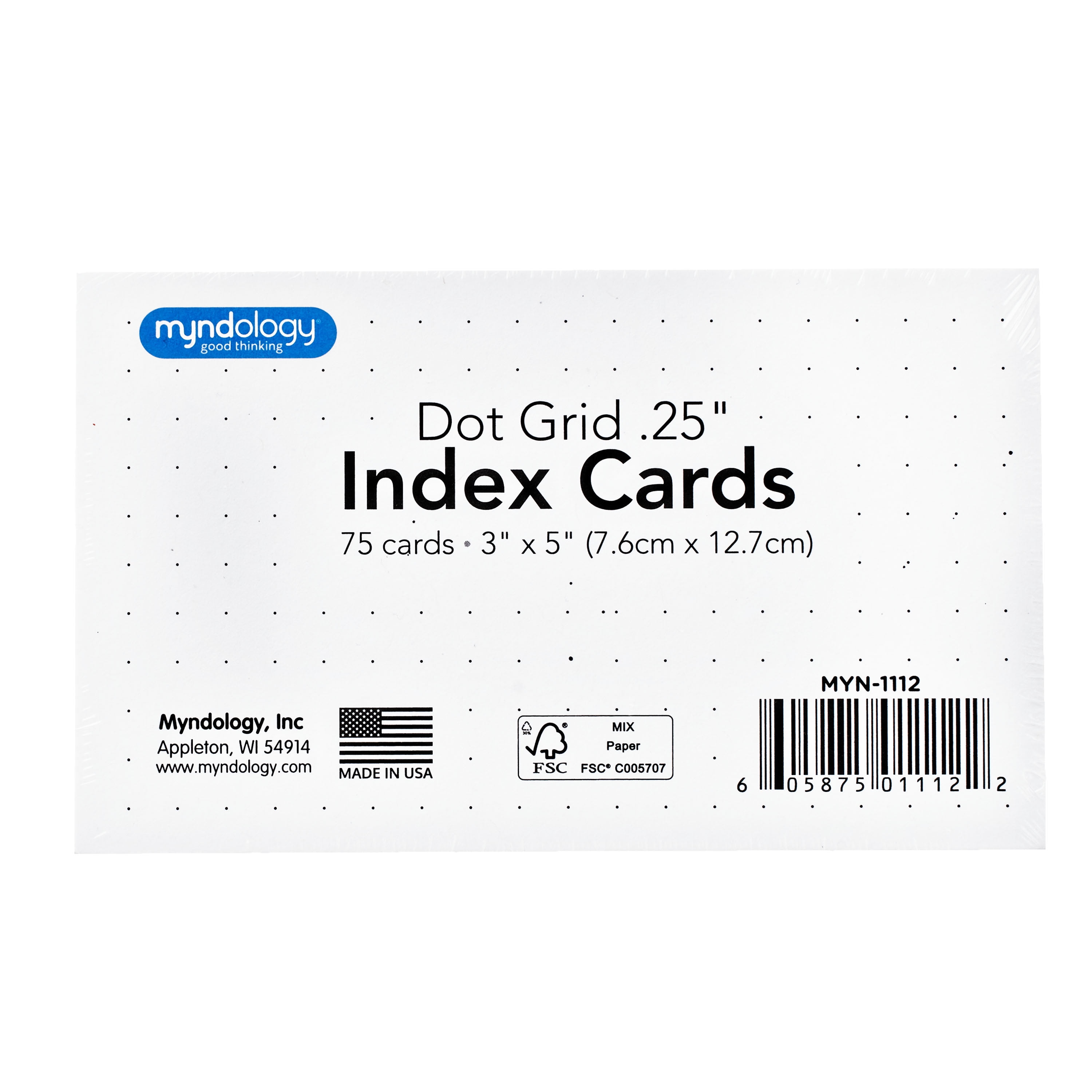 Myndology Pad Dot Grid Paper White Index Cards, 3x5 inches, 75 Cards