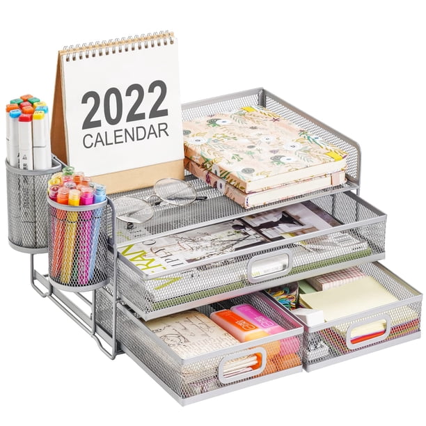 Organizador de Escritorio con Cajones de Malla de 3 Niveles Marbrasse Caddy Plata