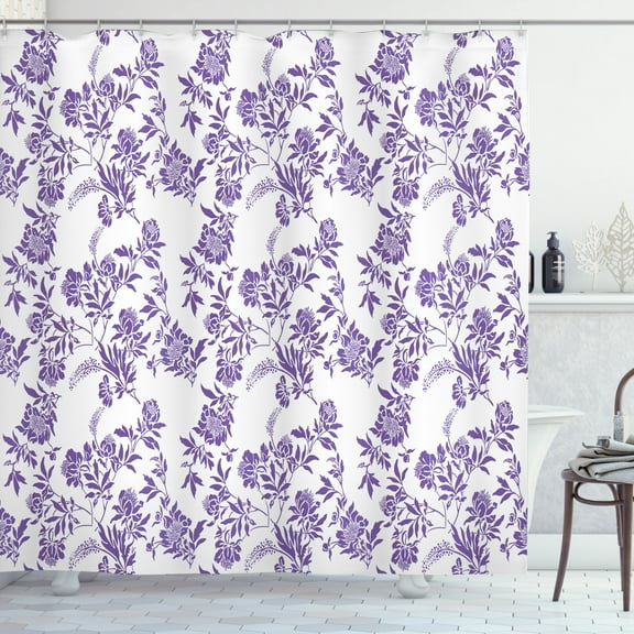 Floral Shower Curtain, Thriving Seasonal Plants with Randomly Distributed Lilac Posies Abstract Style, Fabric Bathroom Set with Hooks, 69W X 84L Inches Extra Long, Violet and White, by Ambesonne
