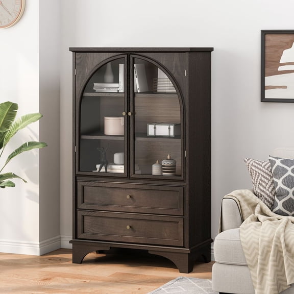 MINESTIA  52.17" Tall Arched Bookshelf, Wooden Display Storage Cabinet with Glass Doors & Adjustable Shelf for Living Room, Bedroom, Office