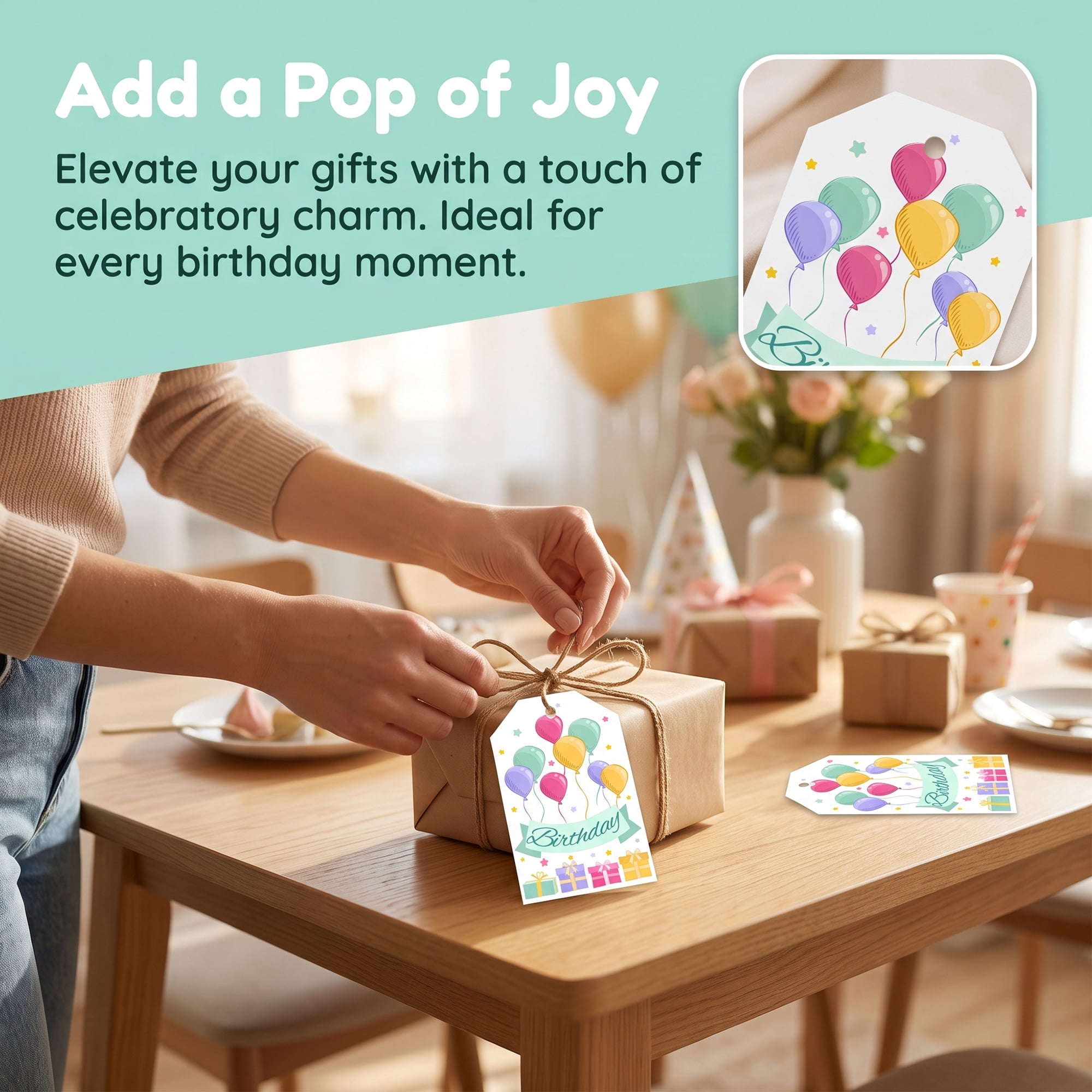 Unique Bargains Vibrant Birthday Gift Tags with Jute Twine Balloon Pattern 2.2" x 3.3"