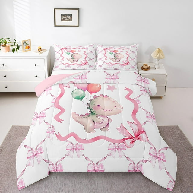 Erosebridal Ensemble de Literie Dinosaure Mignon, Couette Complète, Nœud Rose, Décor Étoile Ballon, Réversible