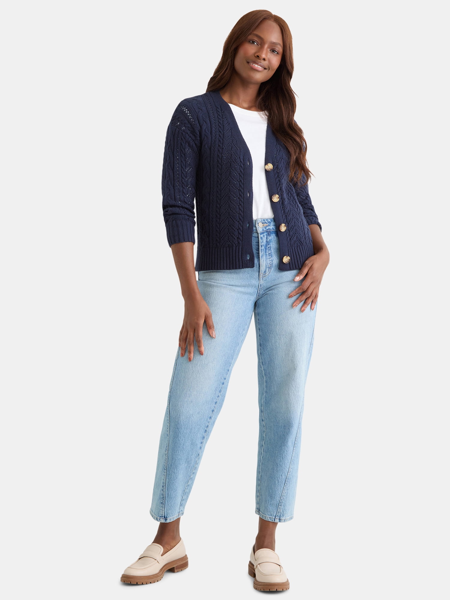Time and Tru Women's and Women's Plus Cable Knit Cardigan Sweater, Lightweight, Sizes XS-4X